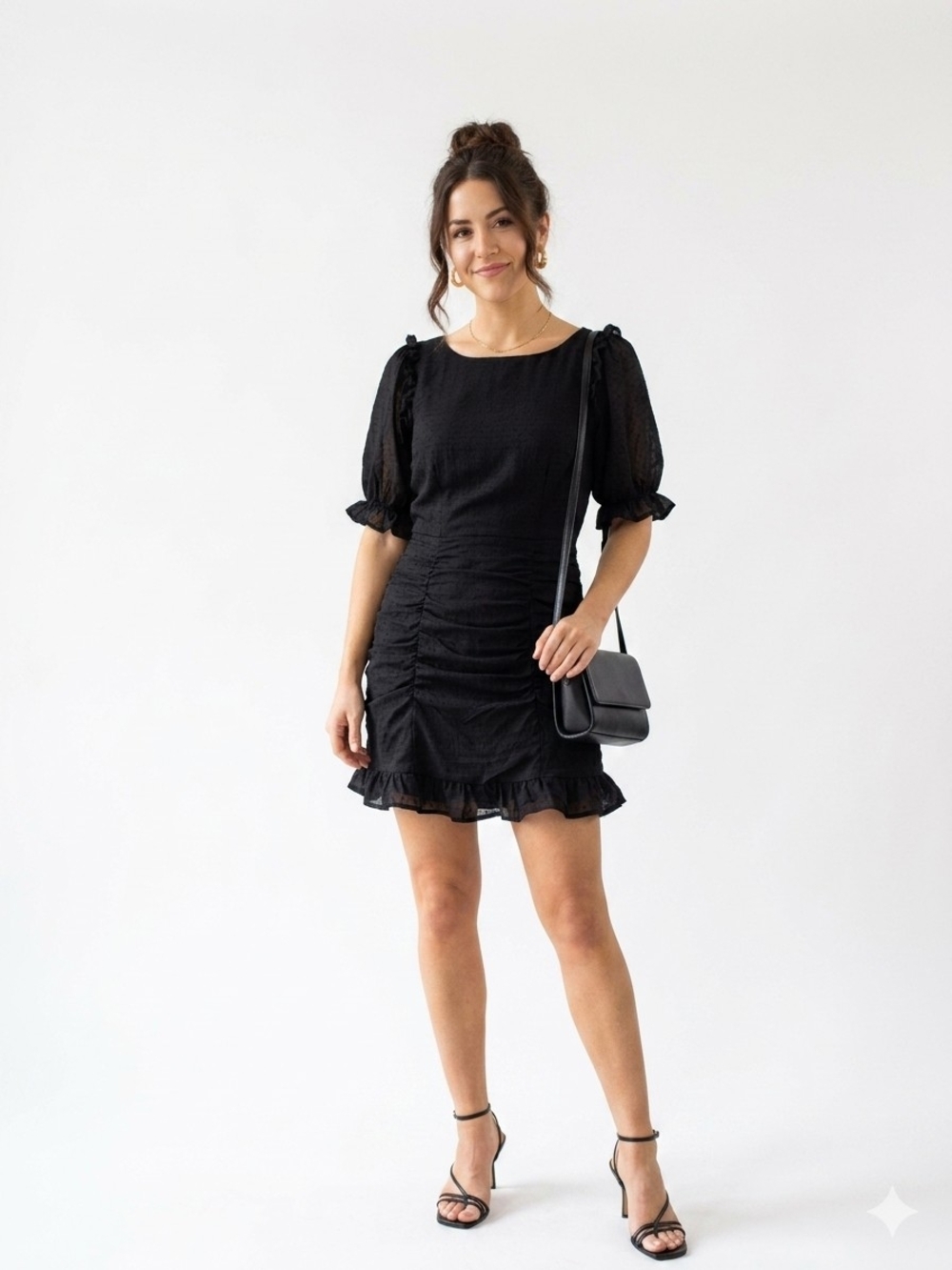HYFVE Black Ruched Puff Sleeve Open-Back Mini Dress - Size M